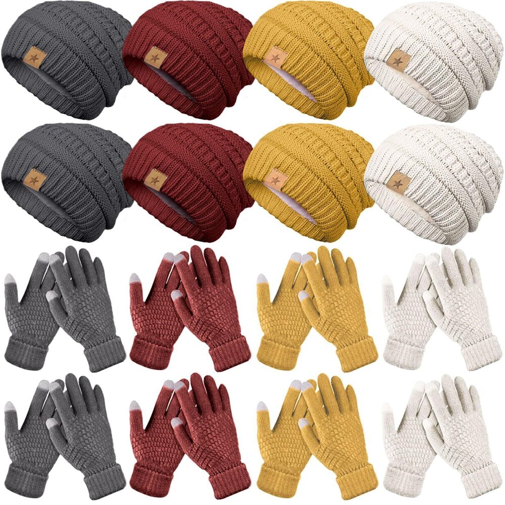 1603 8 Set Winter Warm Hat Gloves Bulk Knitted Warm Beanies